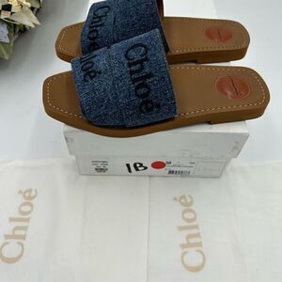 Women’s Chloe woody logo embroidered denim sandals size 38 made in Italy - Picture 7 of 11